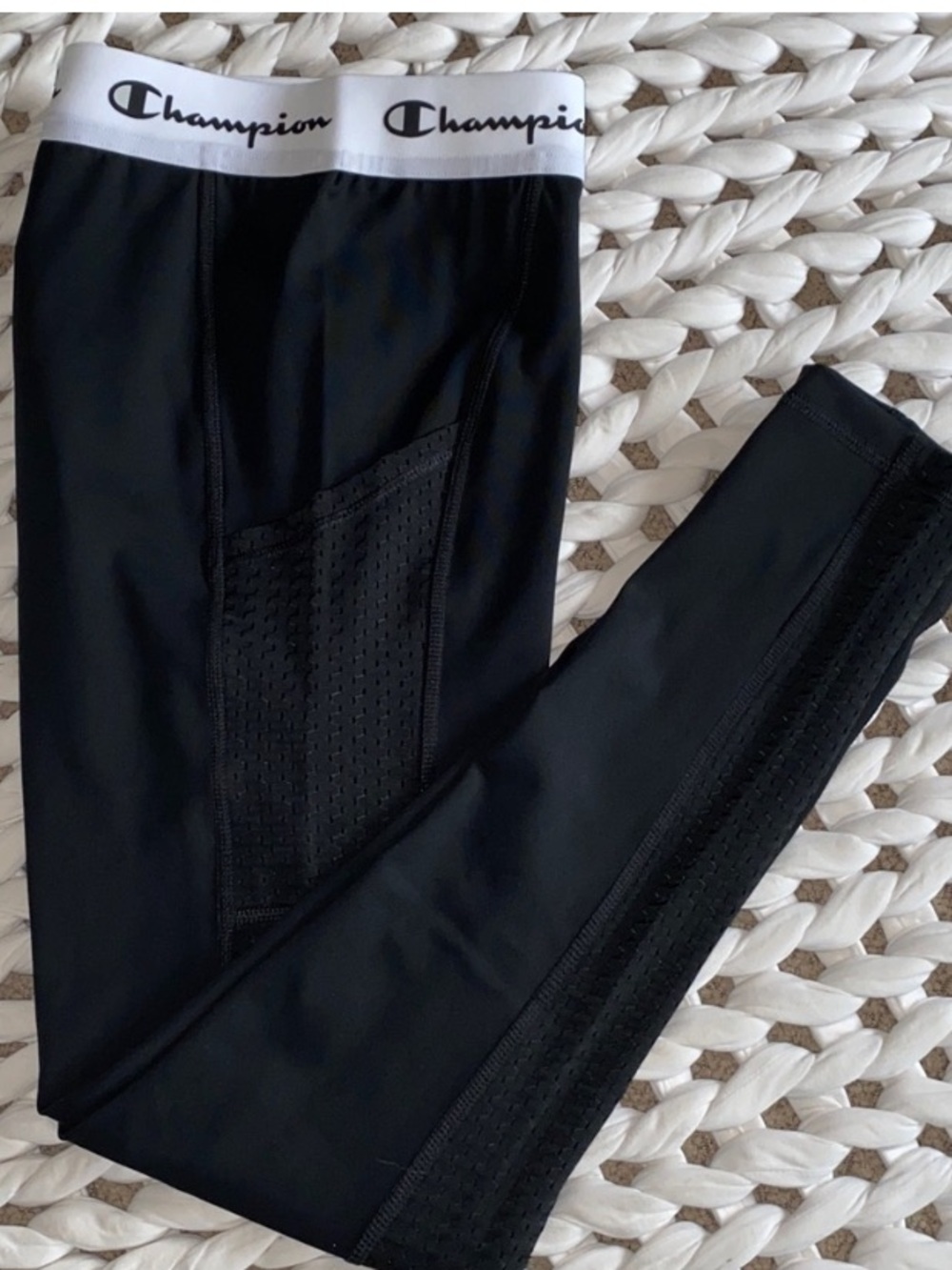 🆕 Champion Black White Leggings Mesh Stripe Fitted NWT Large
